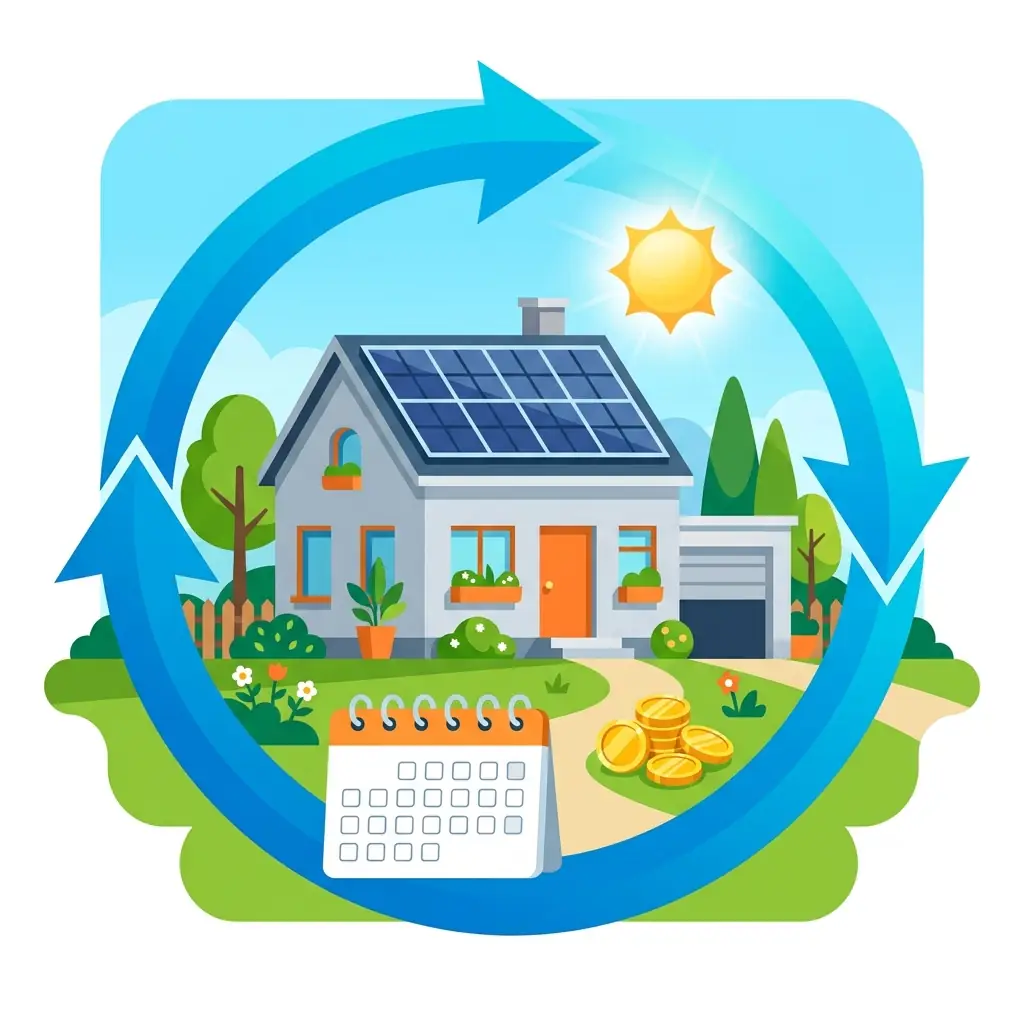 Maison avec panneaux solaires en abonnement mensuel, calendrier et pièces de monnaie