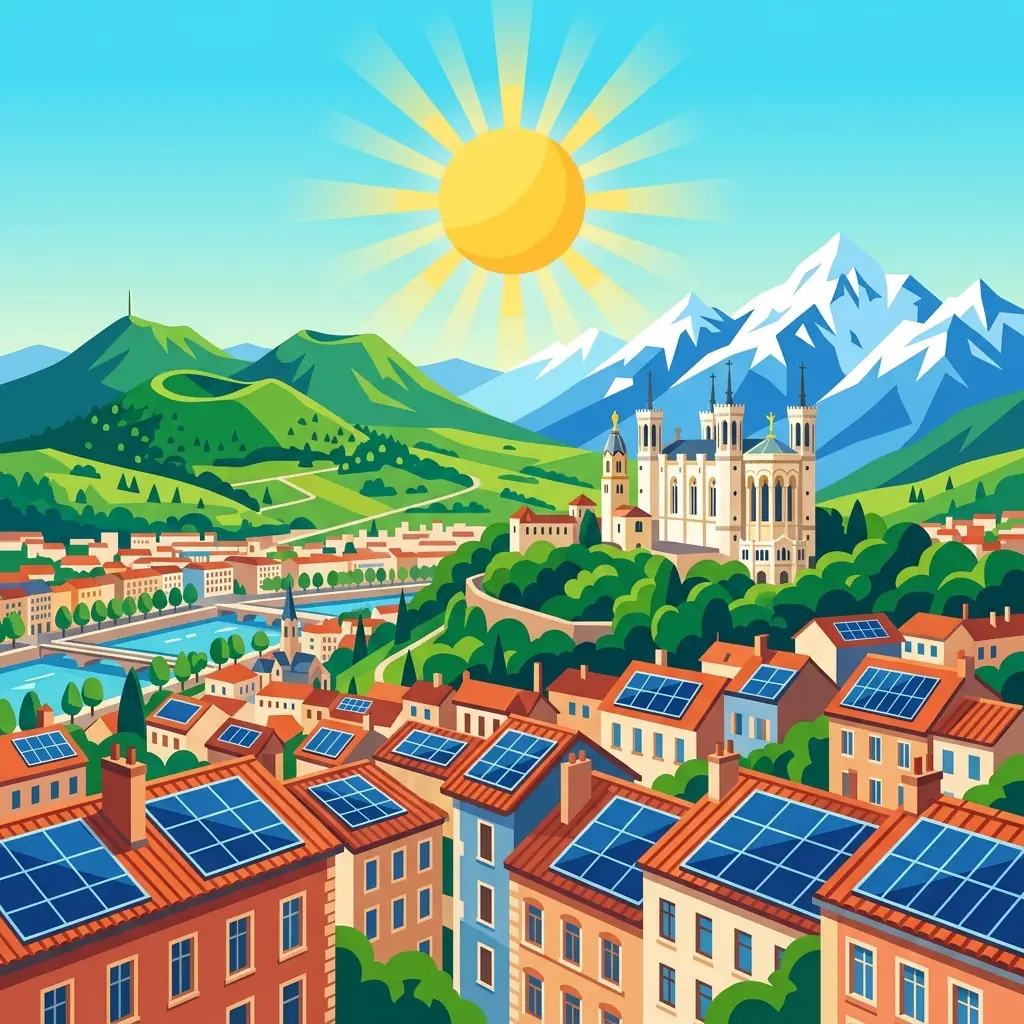 Toits lyonnais couverts de panneaux solaires devant les Alpes et les volcans d'Auvergne stylisés
