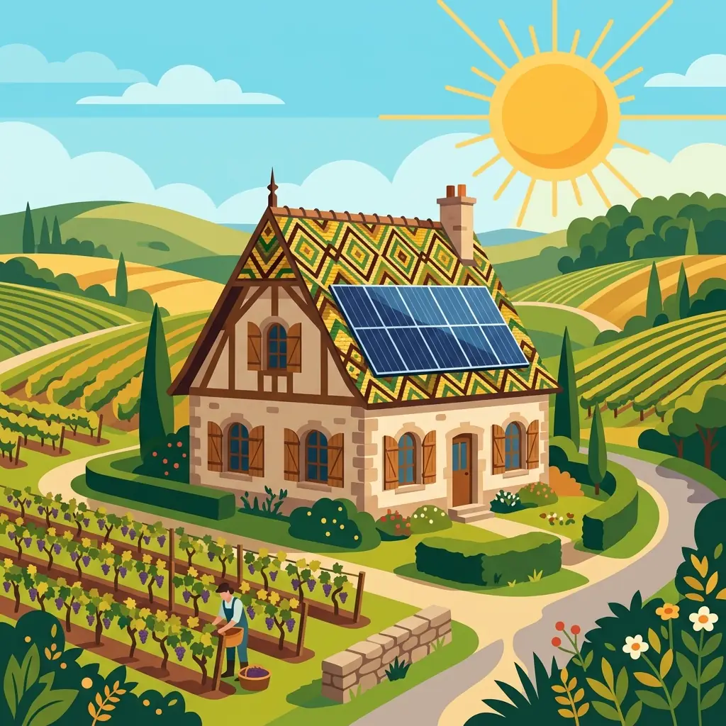 Maison bourguignonne aux tuiles vernissées colorées équipée de panneaux solaires, vignes et collines en arrière-plan