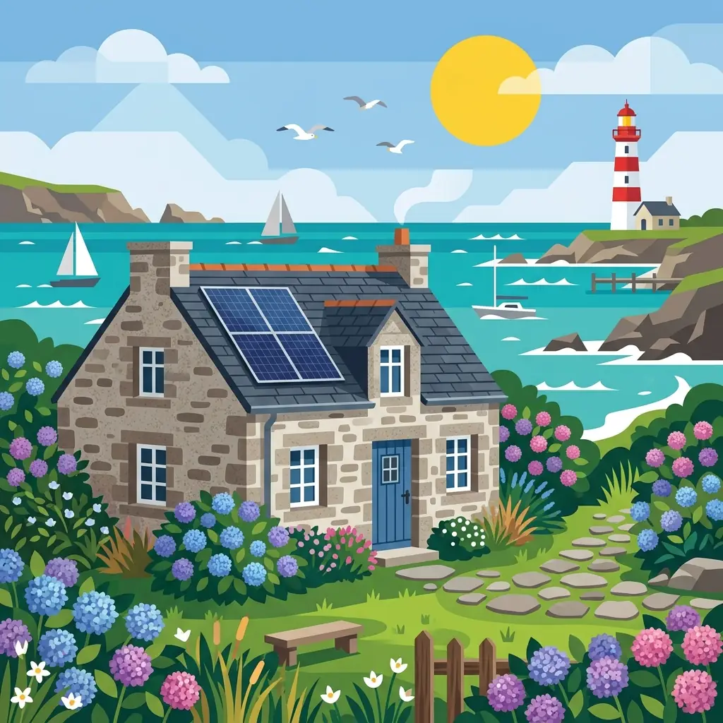 Maison bretonne en granit avec panneaux solaires sur toit d'ardoise, phare et mer en arrière-plan, illustration flat design