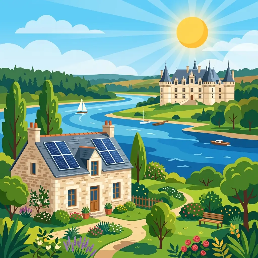 Maison ligérienne en tuffeau équipée de panneaux solaires, château de la Loire en arrière-plan