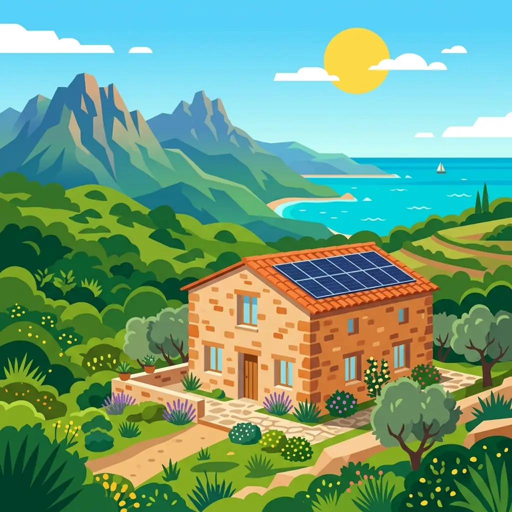 Maison corse en pierre avec panneaux solaires sur le toit, entourée de maquis, avec montagnes et mer Méditerranée en arrière-plan