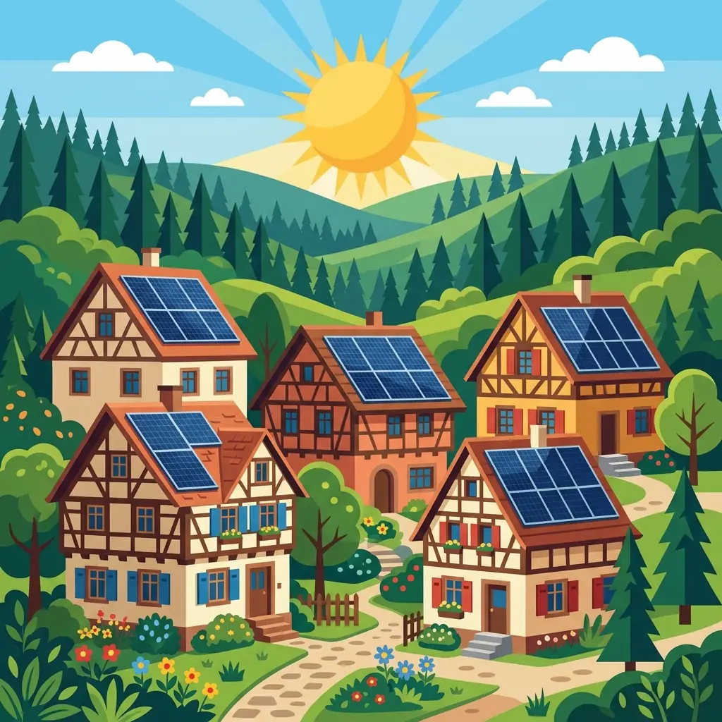 Maisons alsaciennes à colombages équipées de panneaux solaires sous un soleil stylisé