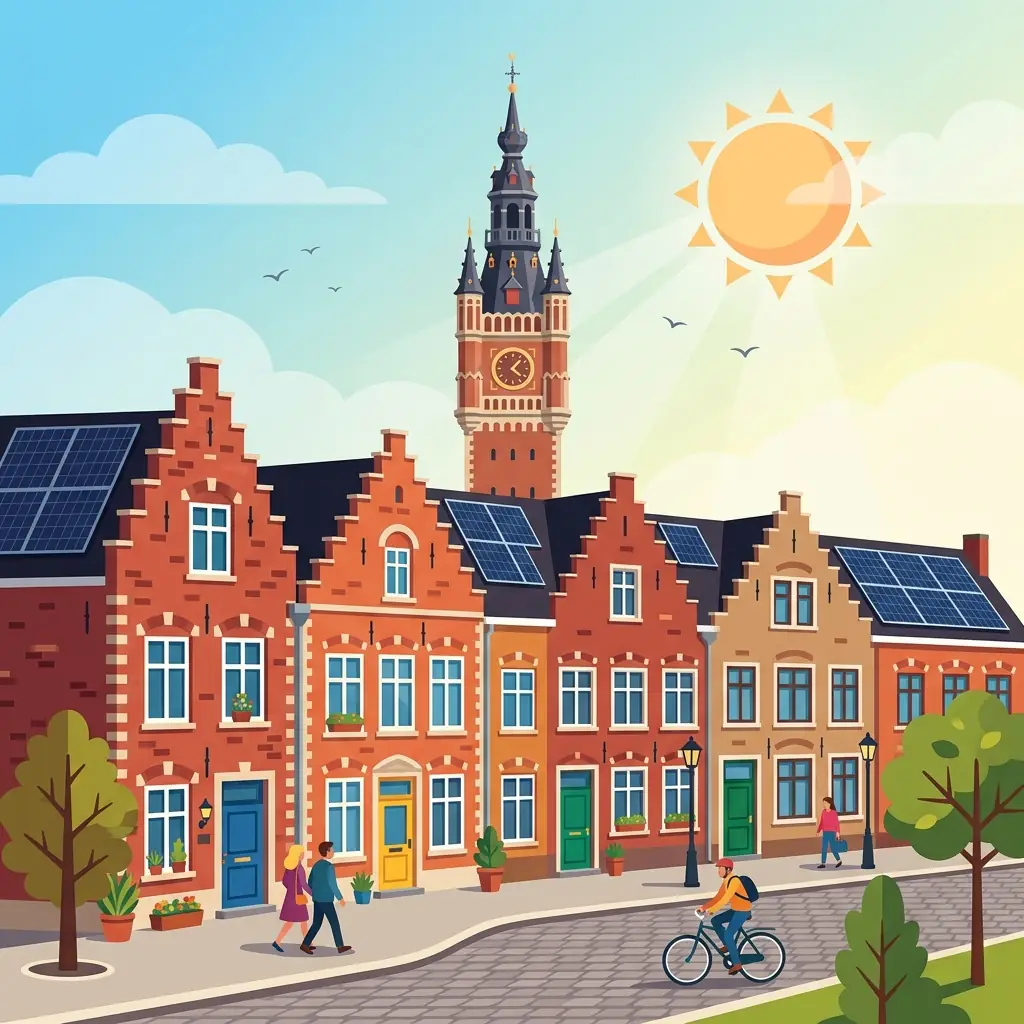 Maisons en briques rouges du Nord et beffroi équipés de panneaux solaires sous un ciel lumineux