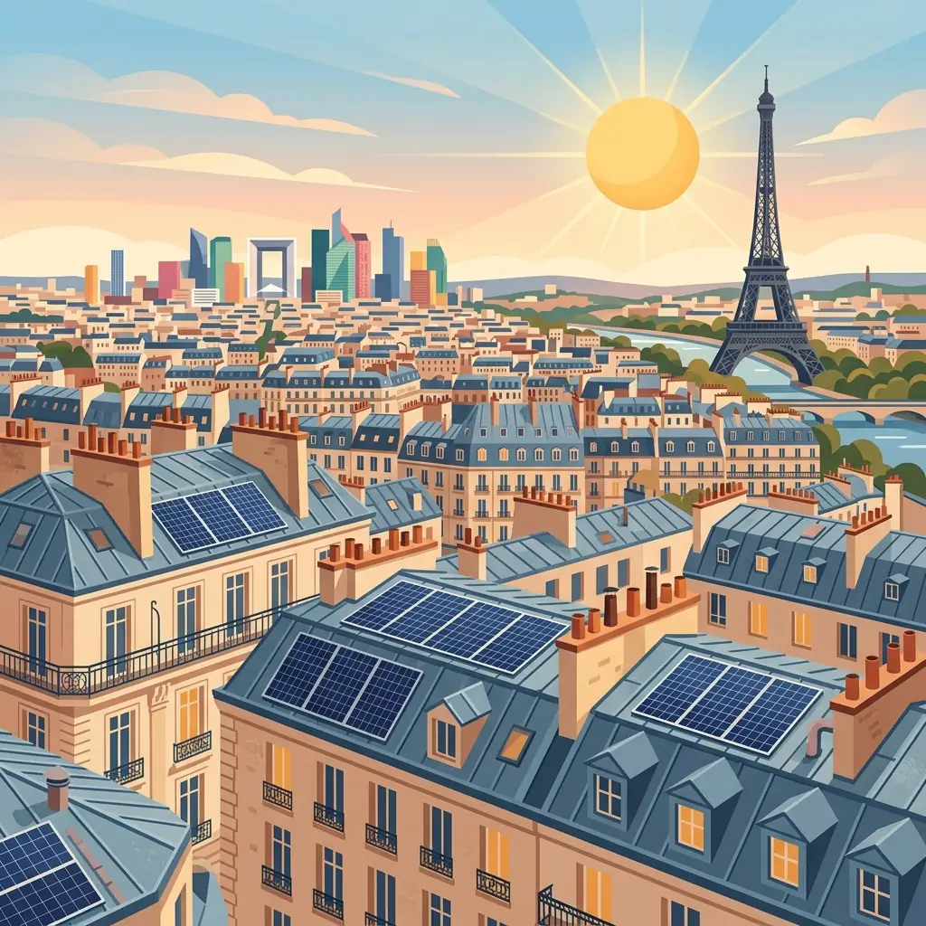 Toits parisiens en zinc équipés de panneaux solaires devant la skyline francilienne stylisée
