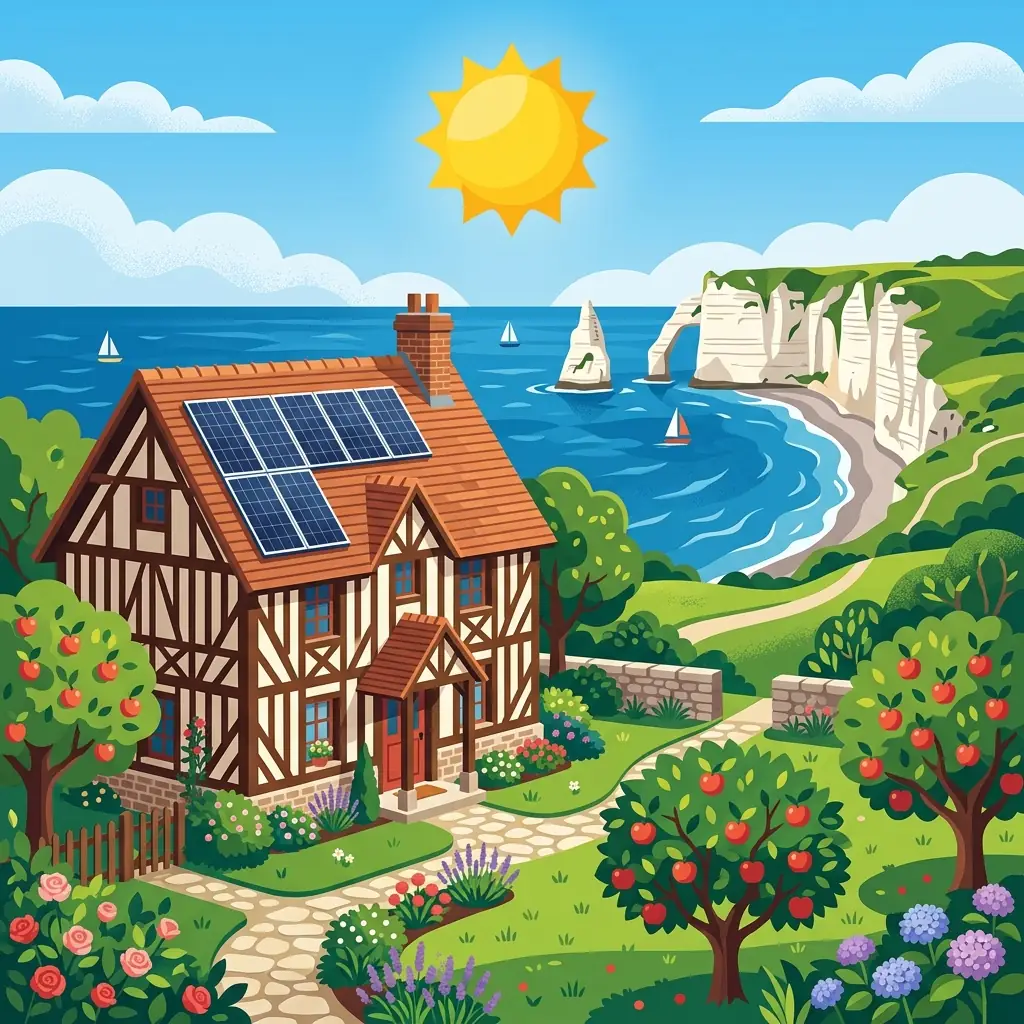 Maison normande à colombages équipée de panneaux solaires, falaises d'Étretat en arrière-plan