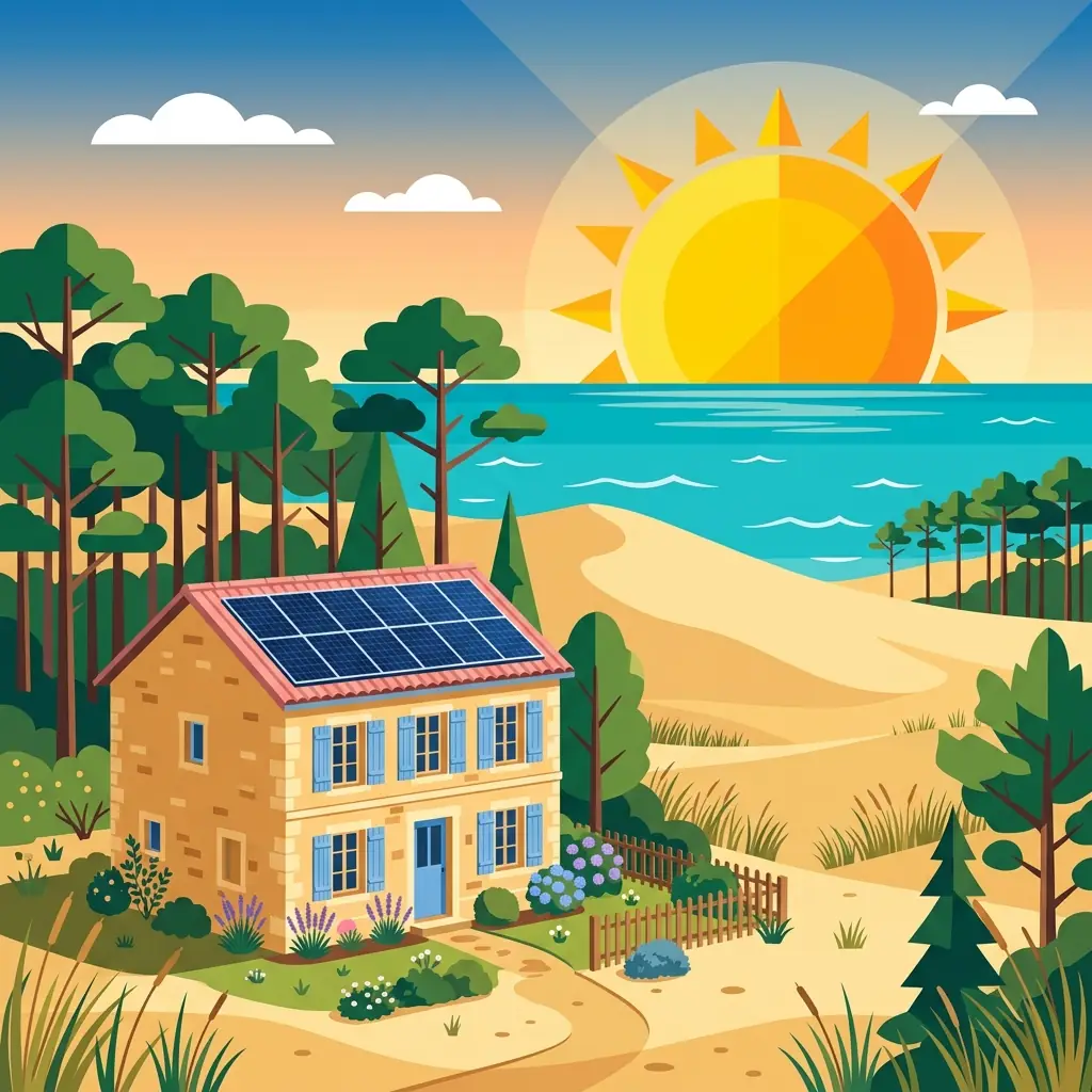 Maison girondine avec panneaux solaires entre pins des Landes et océan Atlantique sous un soleil stylisé