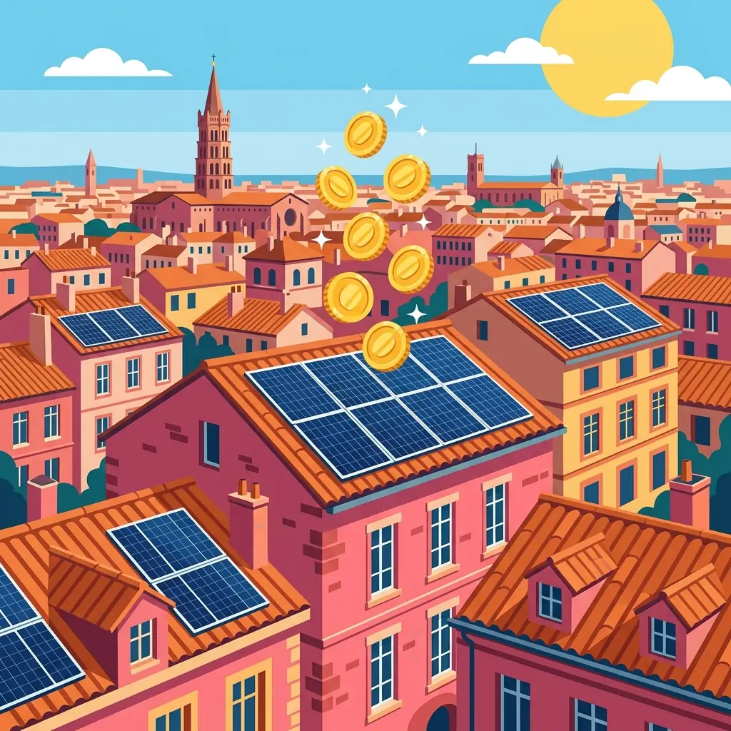 Toits en briques roses de Toulouse équipés de panneaux solaires sous un grand soleil stylisé