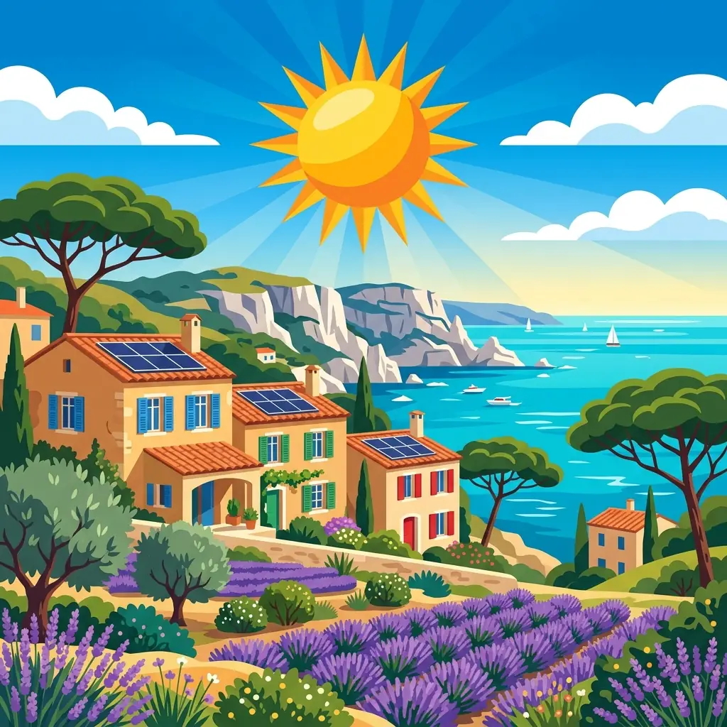 Villas provençales aux volets colorés équipées de panneaux solaires sous un grand soleil, avec calanques en arrière-plan