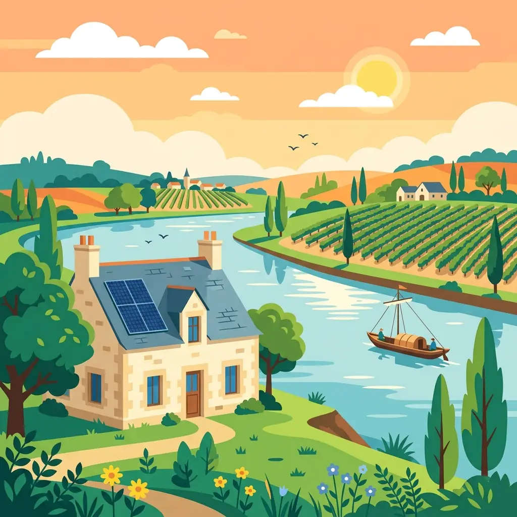 Maison ligérienne en tuffeau au toit d'ardoise équipé de panneaux solaires, au bord de la Loire