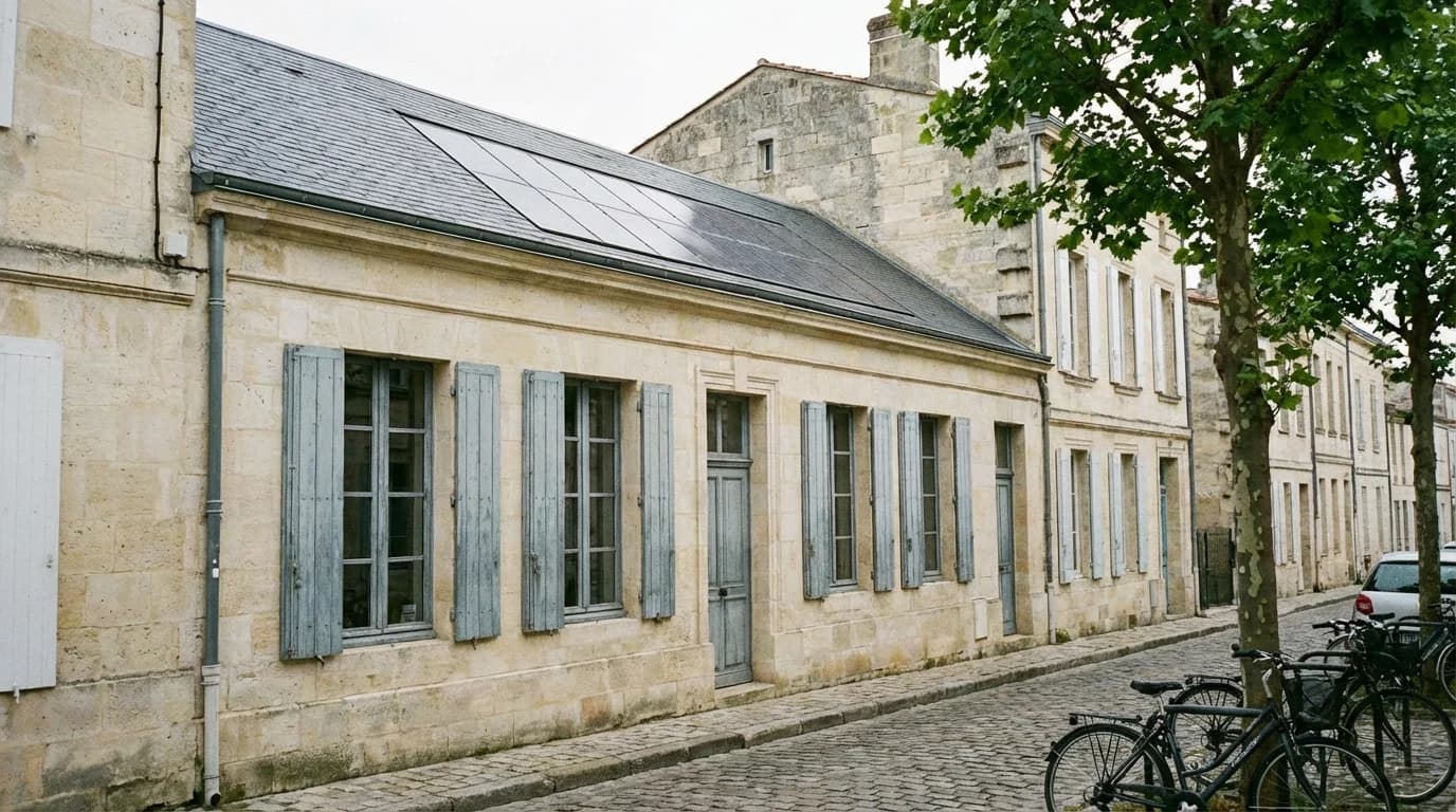 Architecture typique de Nouvelle-Aquitaine avec toitures adaptées au solaire
