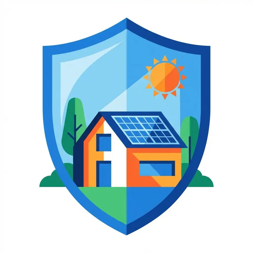 Illustration de panneaux solaires sur un toit avec un bouclier de protection symbolisant l'assurance