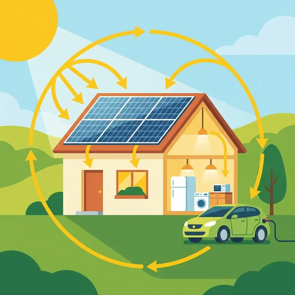Illustration d'une maison avec panneaux solaires en autoconsommation totale sans injection sur le réseau
