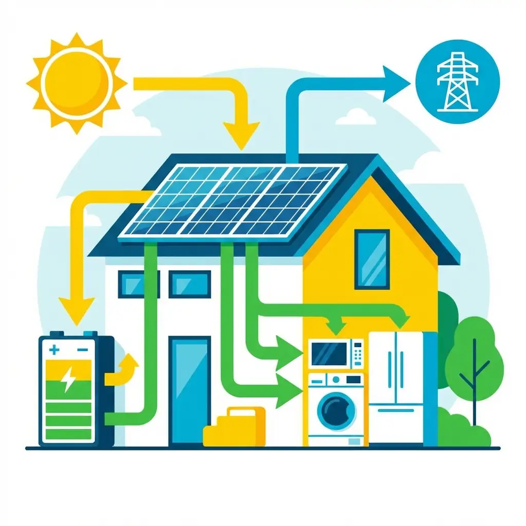 Schéma illustrant le taux d'autoconsommation solaire optimal avec flux d'énergie entre panneaux et maison