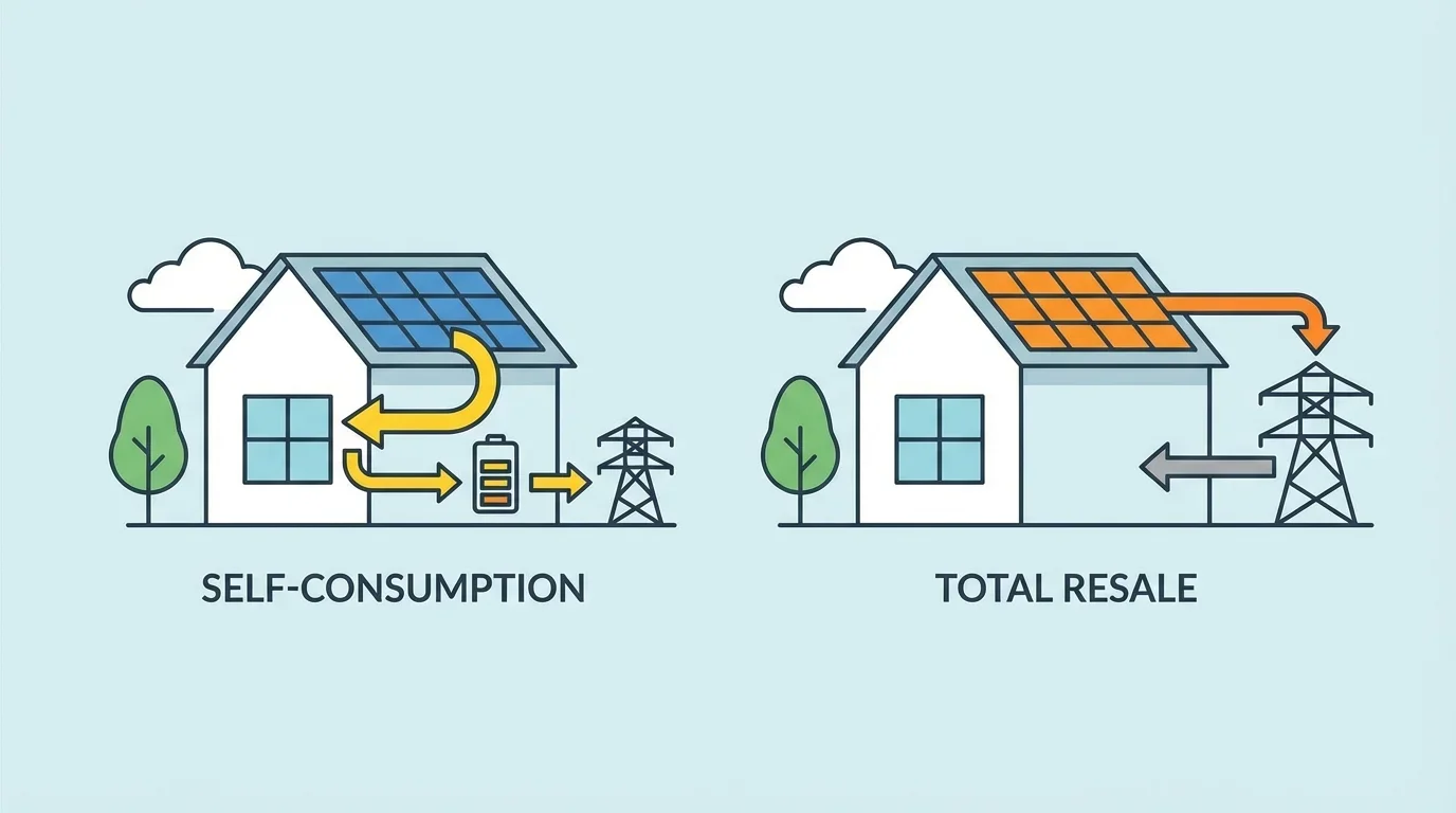 Schéma comparatif entre autoconsommation et revente totale d'électricité solaire