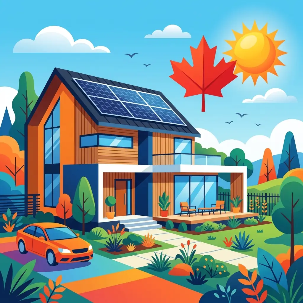 Panneaux solaires Canadian Solar sur le toit d'une maison moderne avec une feuille d'érable stylisée dans le ciel