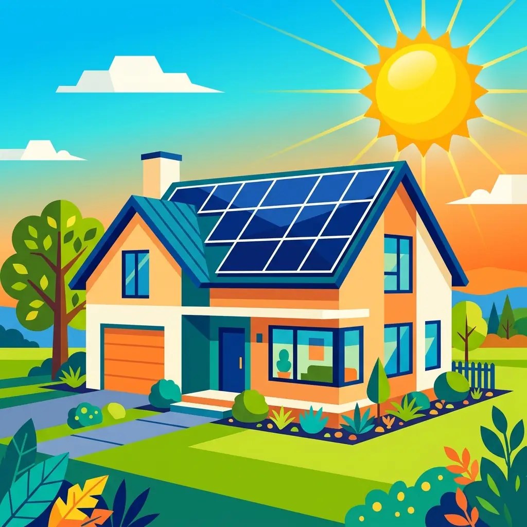 Illustration flat design d'une maison équipée de panneaux solaires Jinko Solar sous un grand soleil stylisé