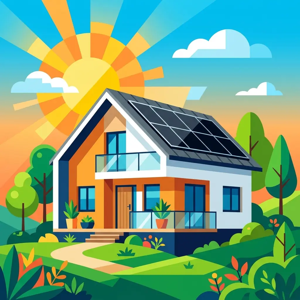 Illustration flat design de panneaux solaires Q CELLS sur le toit d'une maison avec un soleil stylisé