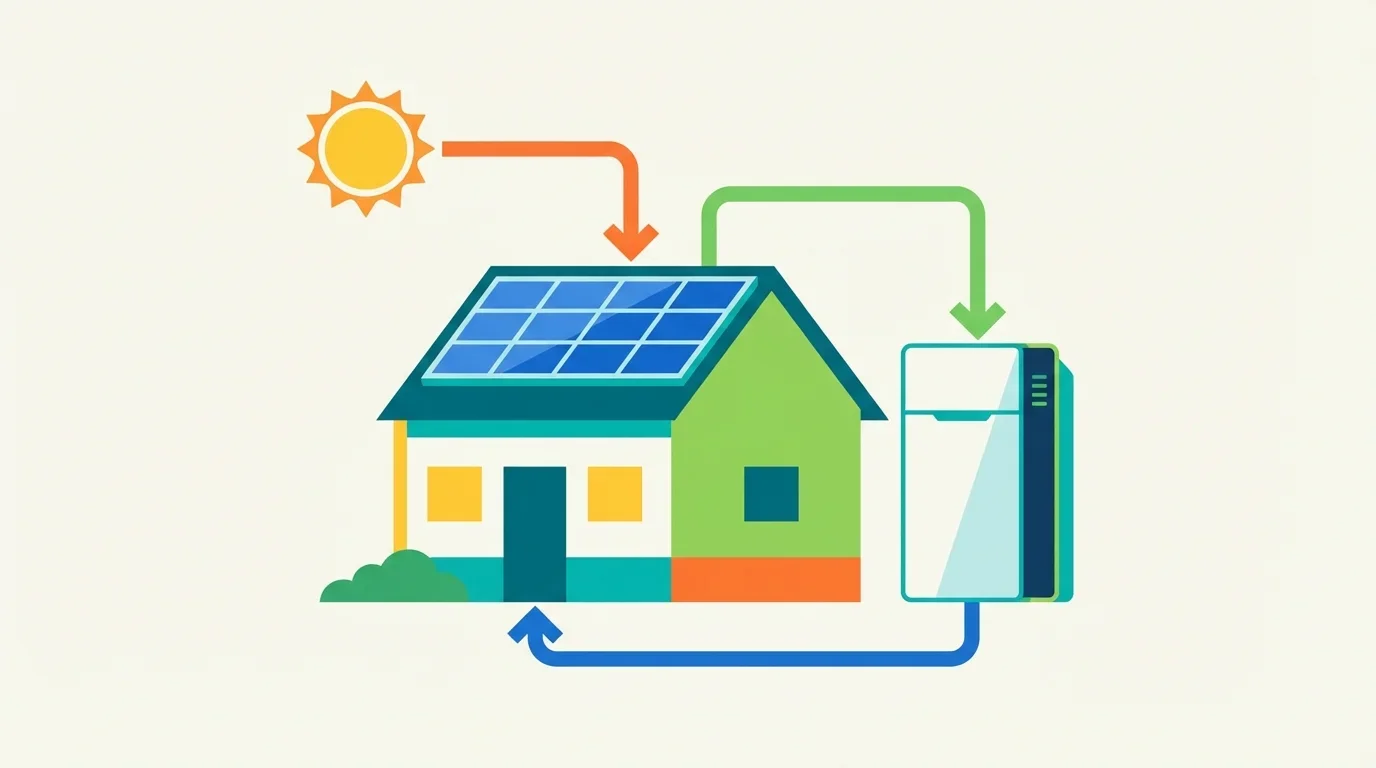 Illustration d'une batterie de stockage solaire connectée à une maison avec panneaux photovoltaïques