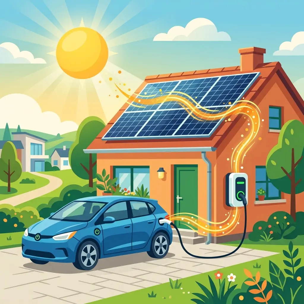 Borne de recharge solaire murale reliée aux panneaux photovoltaïques du toit et à une voiture électrique