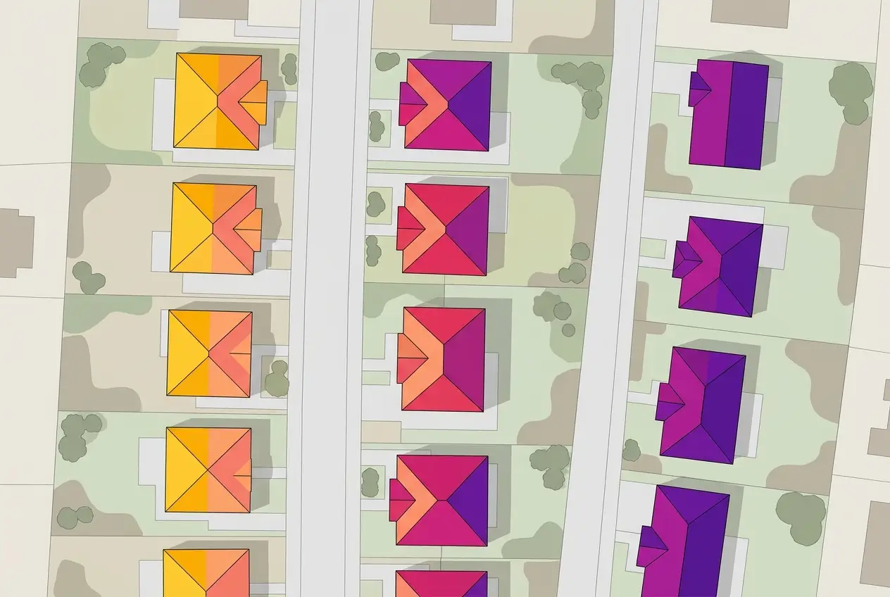 Illustration d'un cadastre solaire : toitures colorées selon leur exposition au soleil