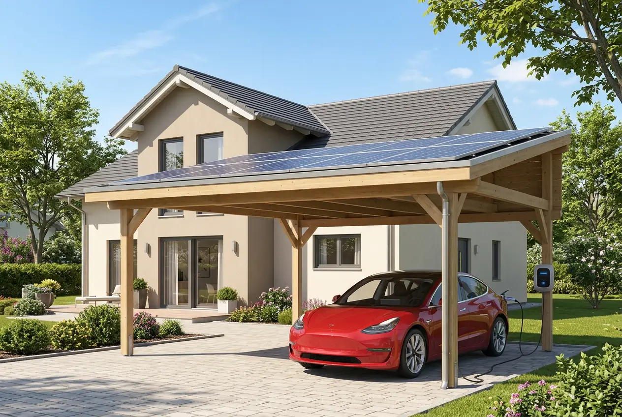 Carport solaire avec panneaux photovoltaïques et voiture électrique en recharge