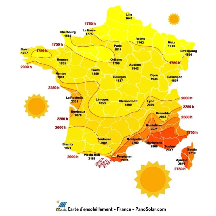 Carte de France de l'ensoleillement