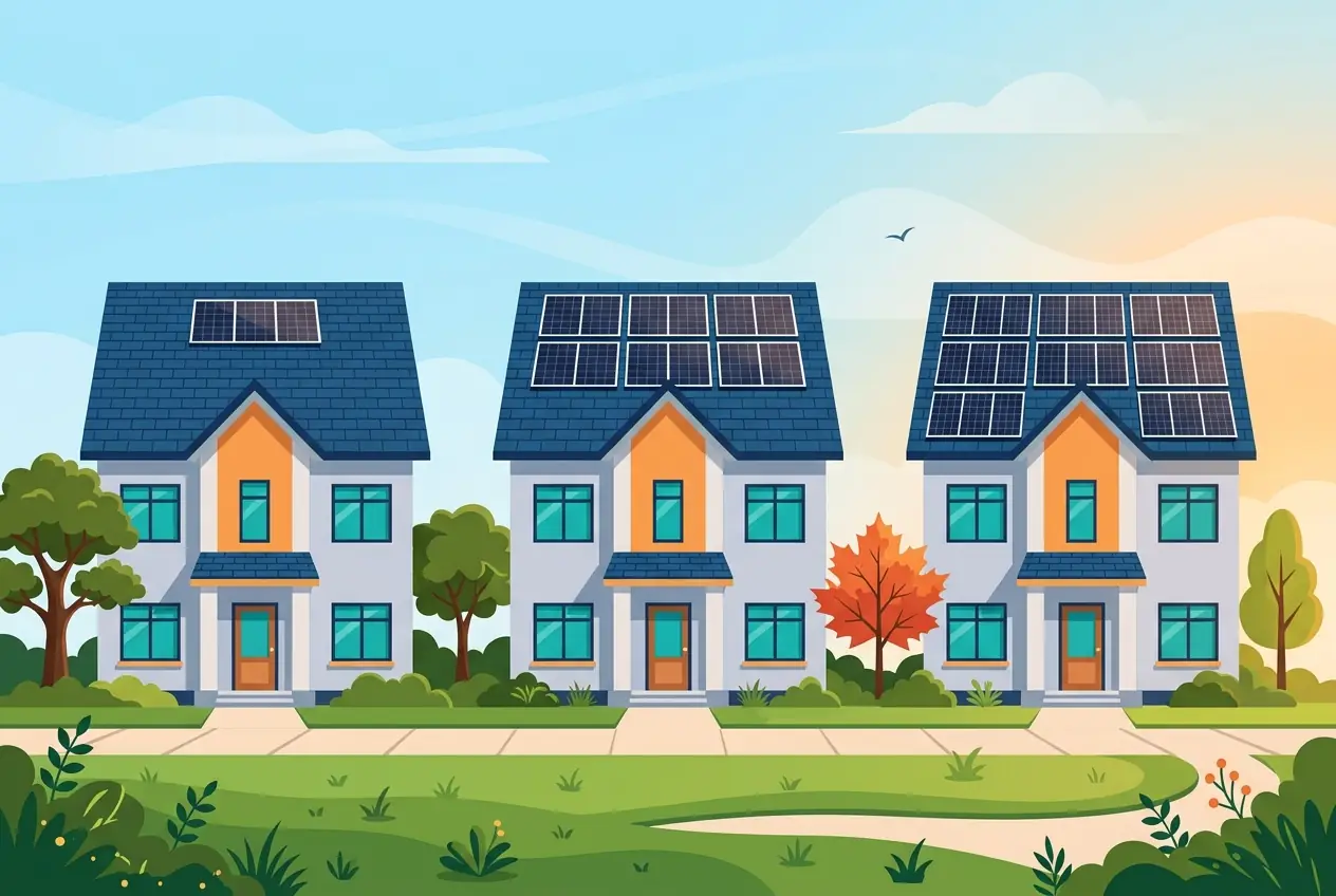 Comparaison de trois toits avec un nombre croissant de panneaux solaires pour 3, 6 et 9 kWc