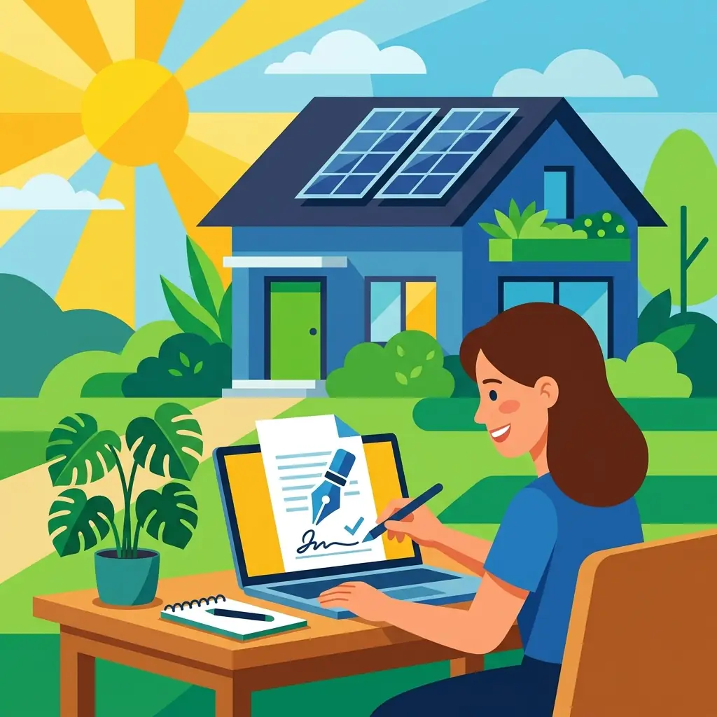Particulier signant électroniquement son contrat EDF OA sur ordinateur, maison avec panneaux solaires en arrière-plan