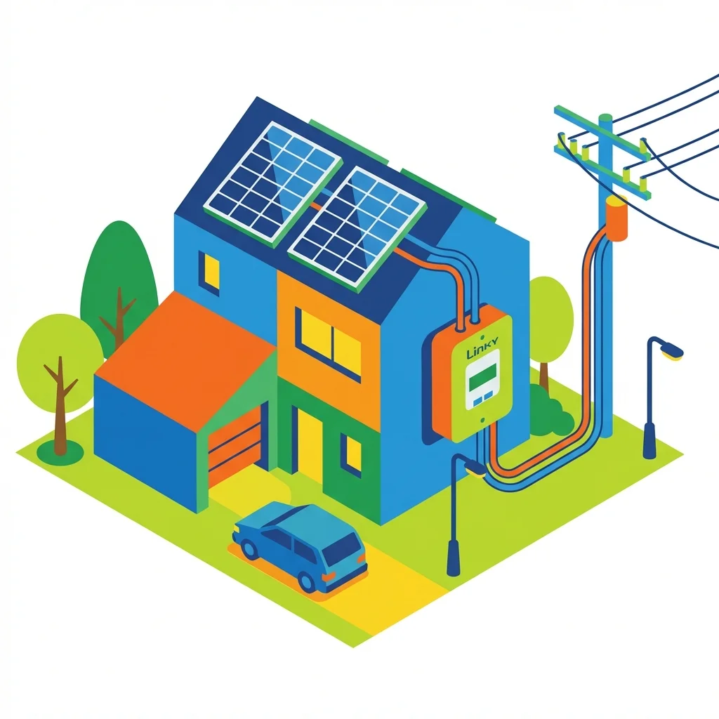 Illustration du raccordement électrique entre panneaux solaires et compteur Linky
