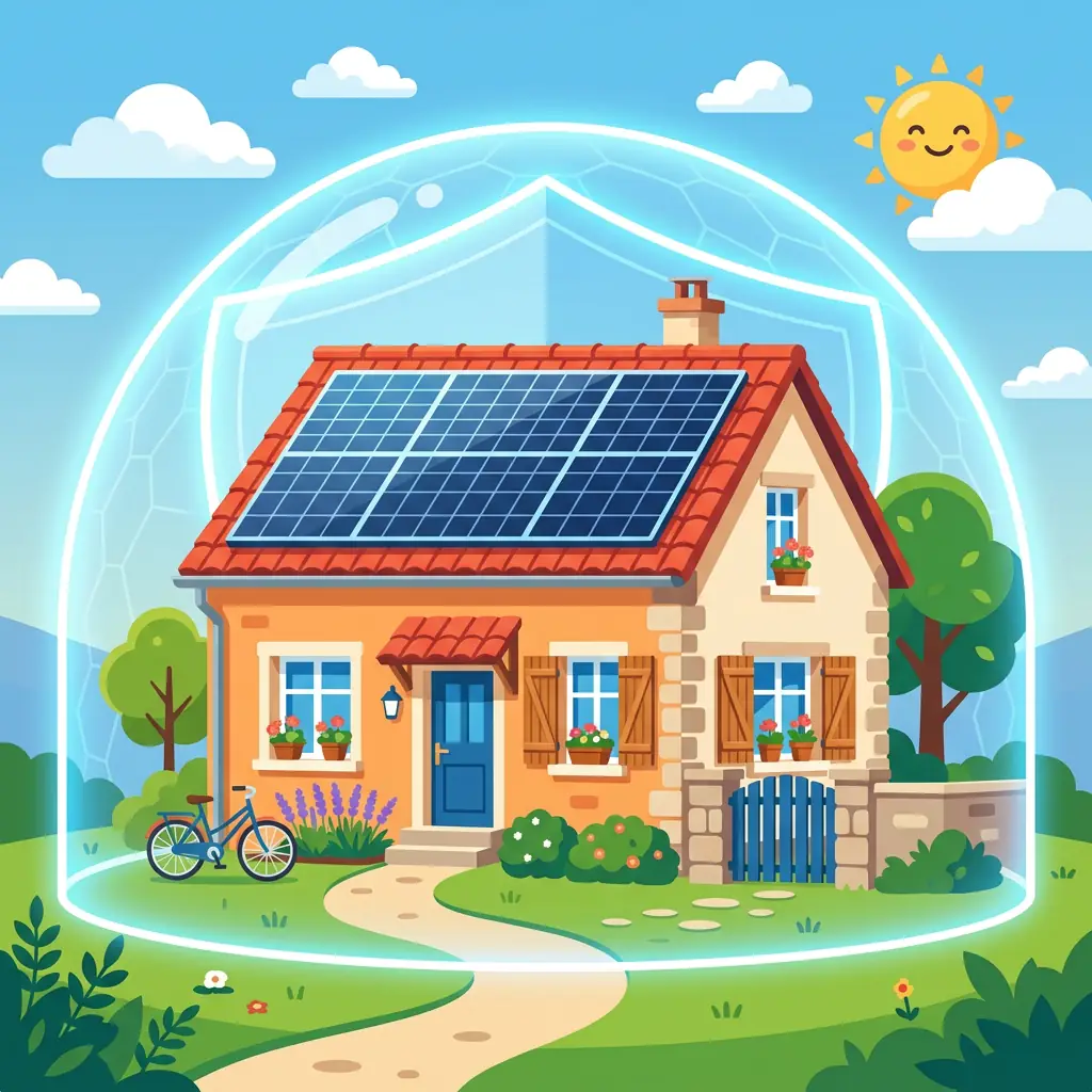 Illustration d'un bouclier de protection devant une maison avec des panneaux solaires sur le toit