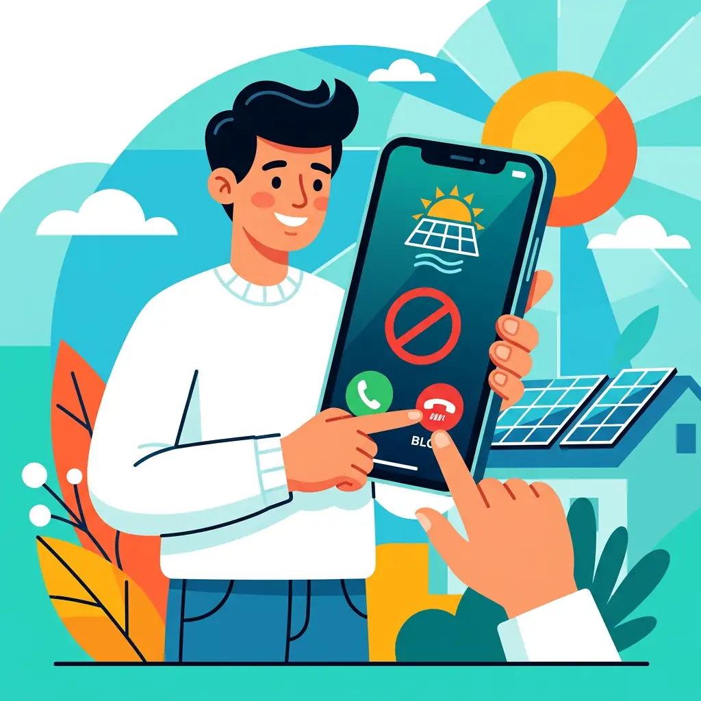 Illustration d'une personne bloquant un appel téléphonique frauduleux lié aux panneaux solaires