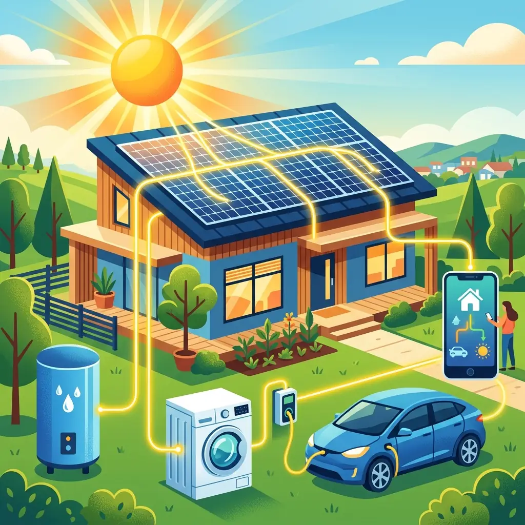 Illustration d'une maison connectée pilotant ses équipements grâce à ses panneaux solaires