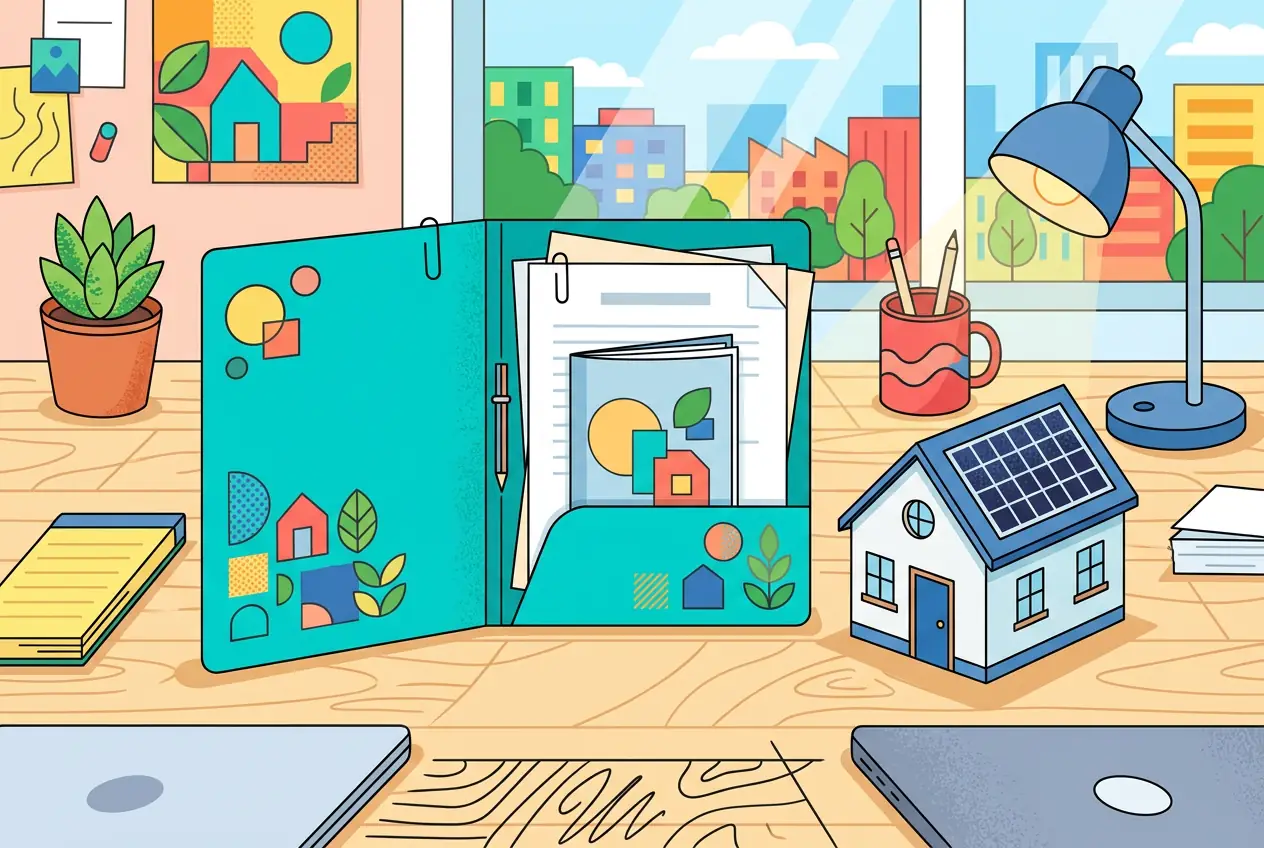 Illustration d'un dossier de vente avec des documents et des panneaux solaires sur un toit