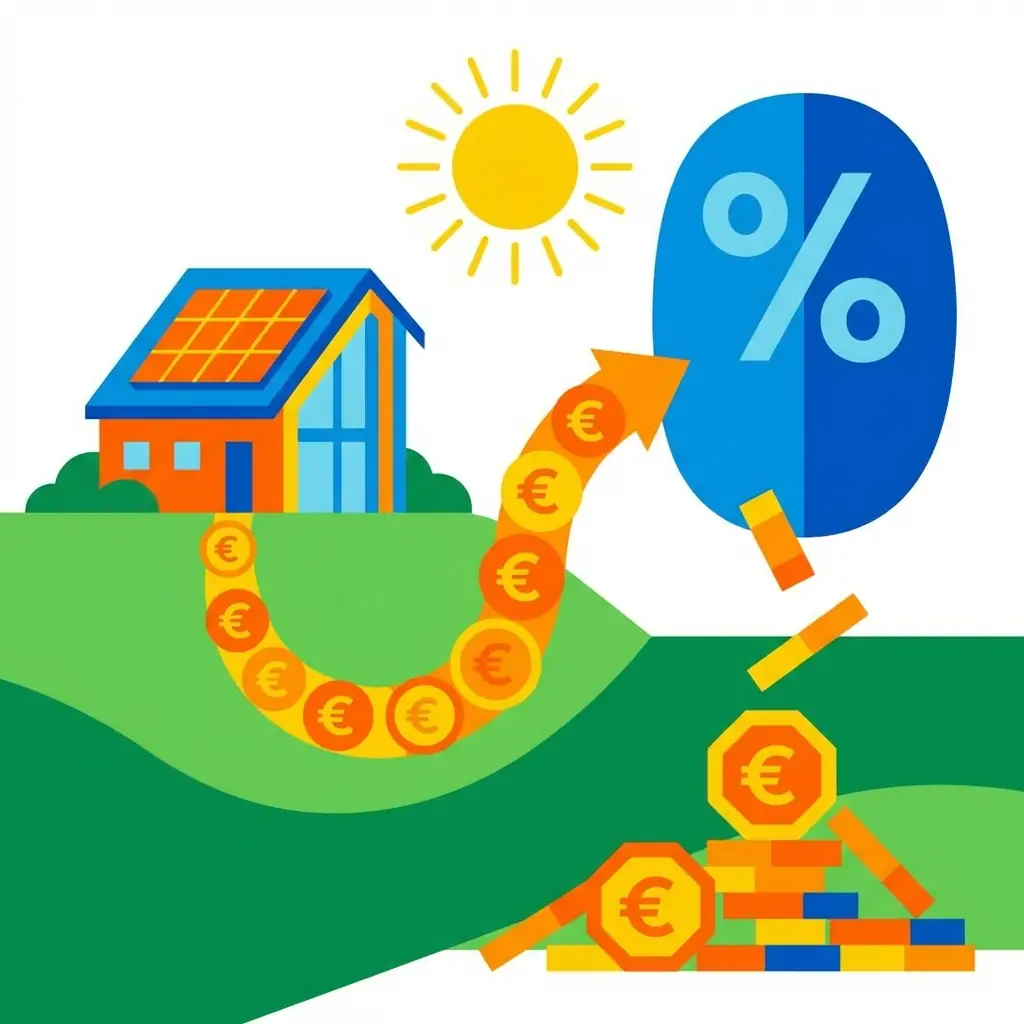 Illustration colorée représentant le financement d'une installation solaire avec symbole de prêt à taux zéro