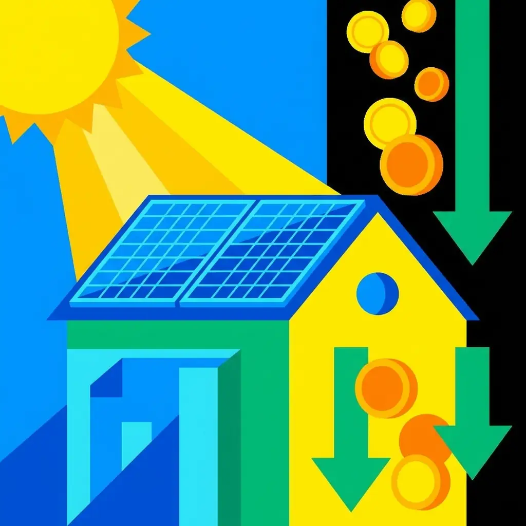 Illustration colorée représentant des économies d'énergie avec des panneaux solaires sur une maison