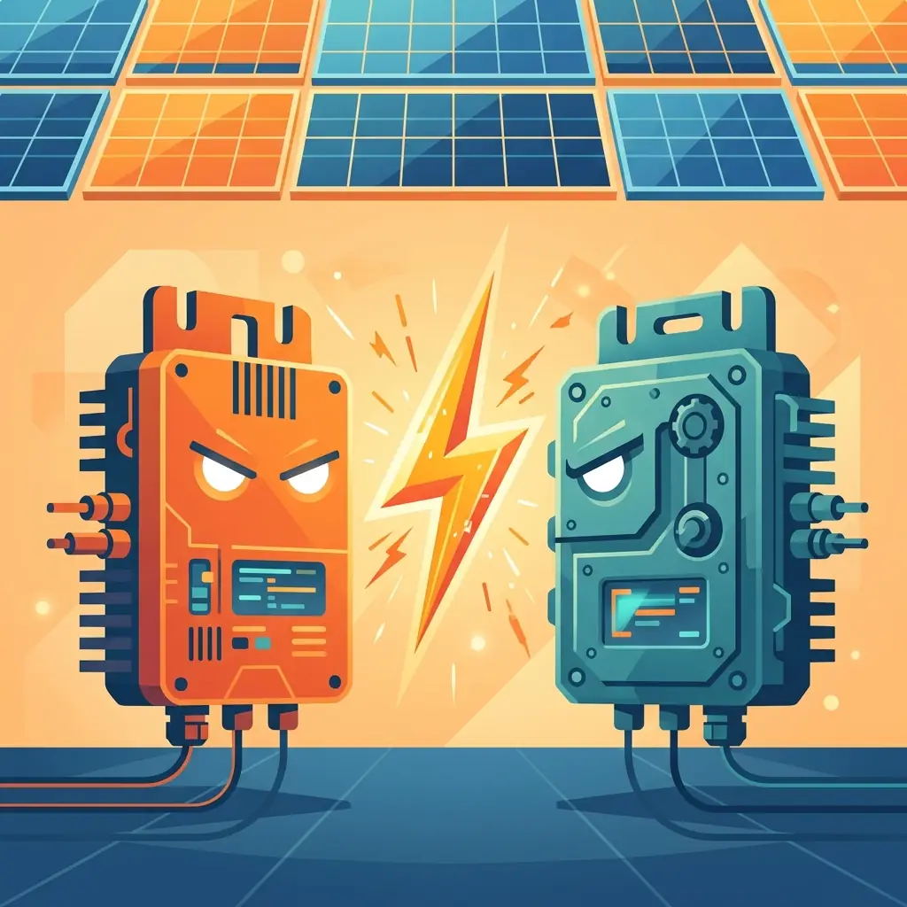 Deux micro-onduleurs face à face sous des panneaux solaires, symbole du duel Enphase contre APsystems