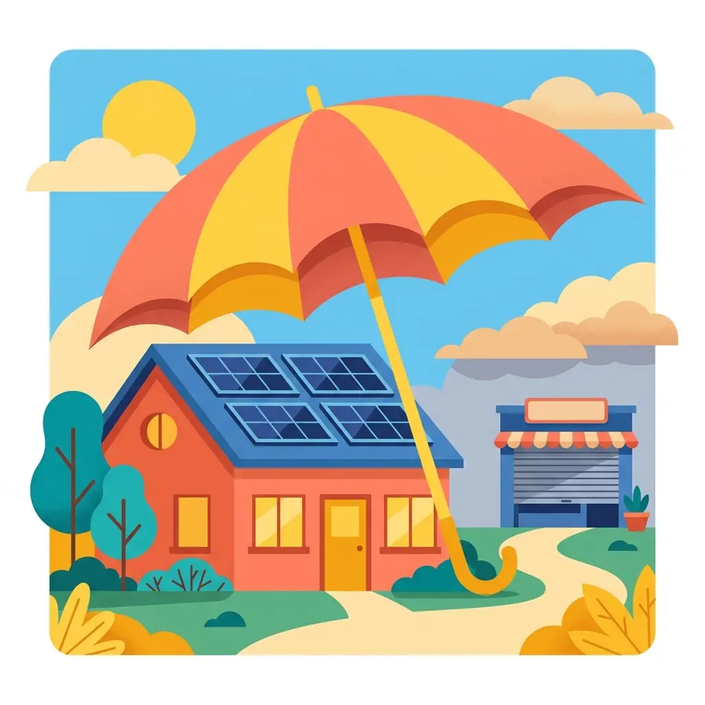 Maison équipée de panneaux solaires abritée sous un parapluie, devant une entreprise fermée symbolisant la faillite d'un installateur