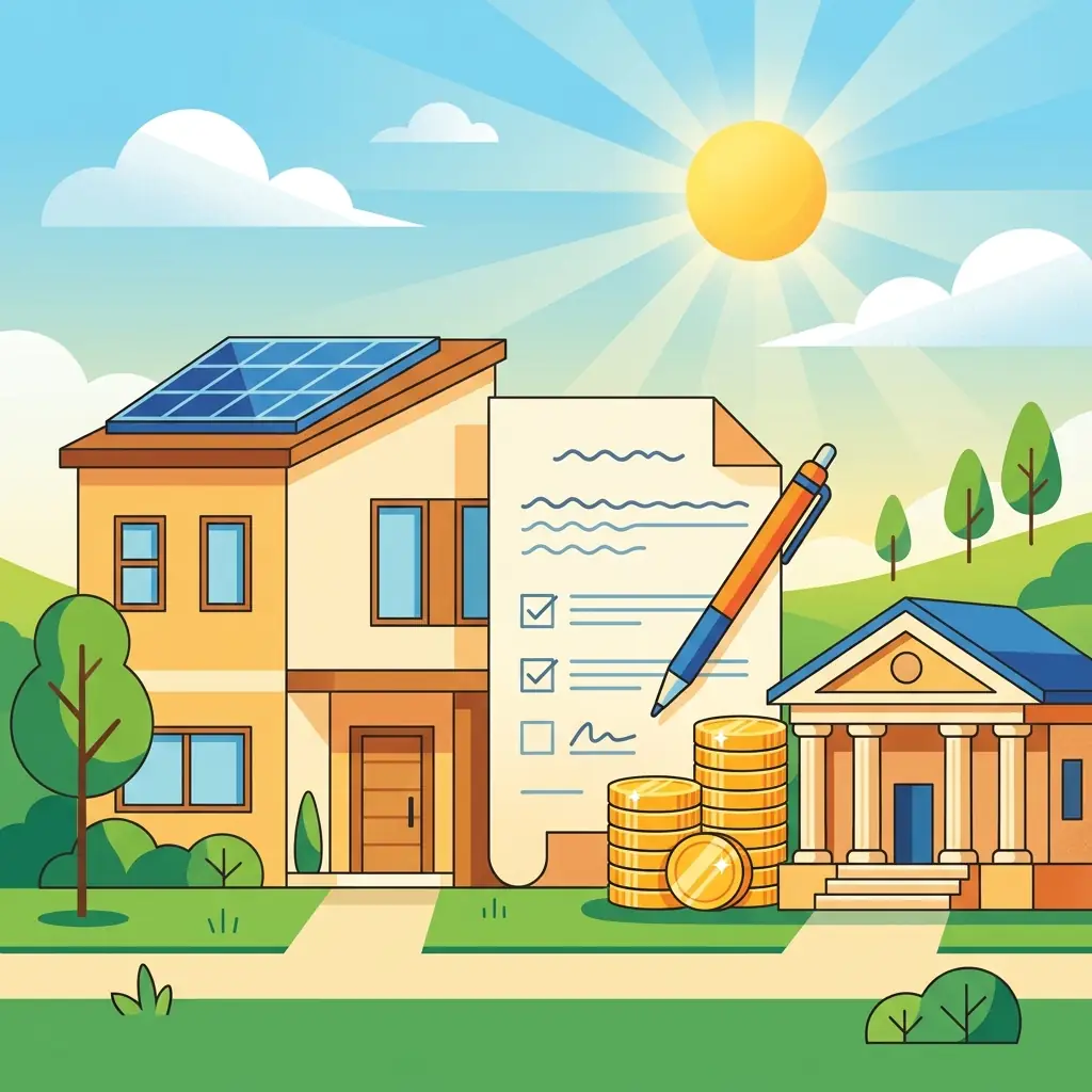 Maison équipée de panneaux solaires à côté d'un contrat de crédit et de pièces de monnaie