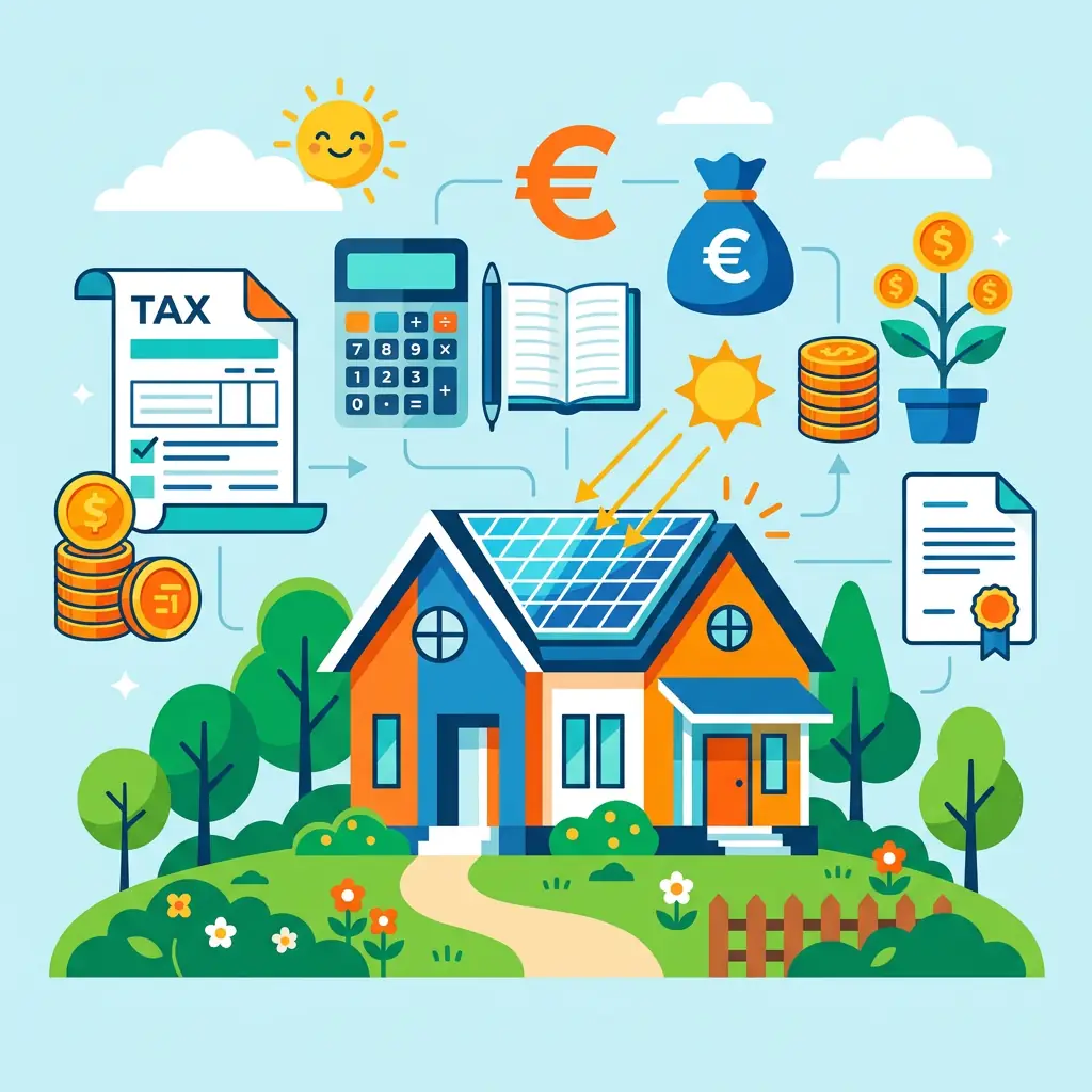 Illustration flat design de la fiscalité des panneaux solaires avec maison équipée et symboles fiscaux