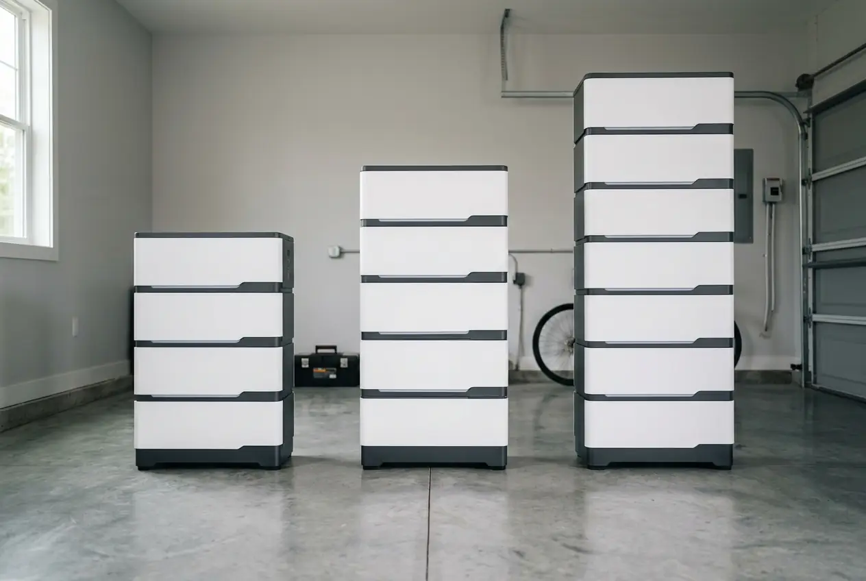 Les trois gammes de la batterie BYD Battery-Box représentées en tours modulaires de tailles différentes