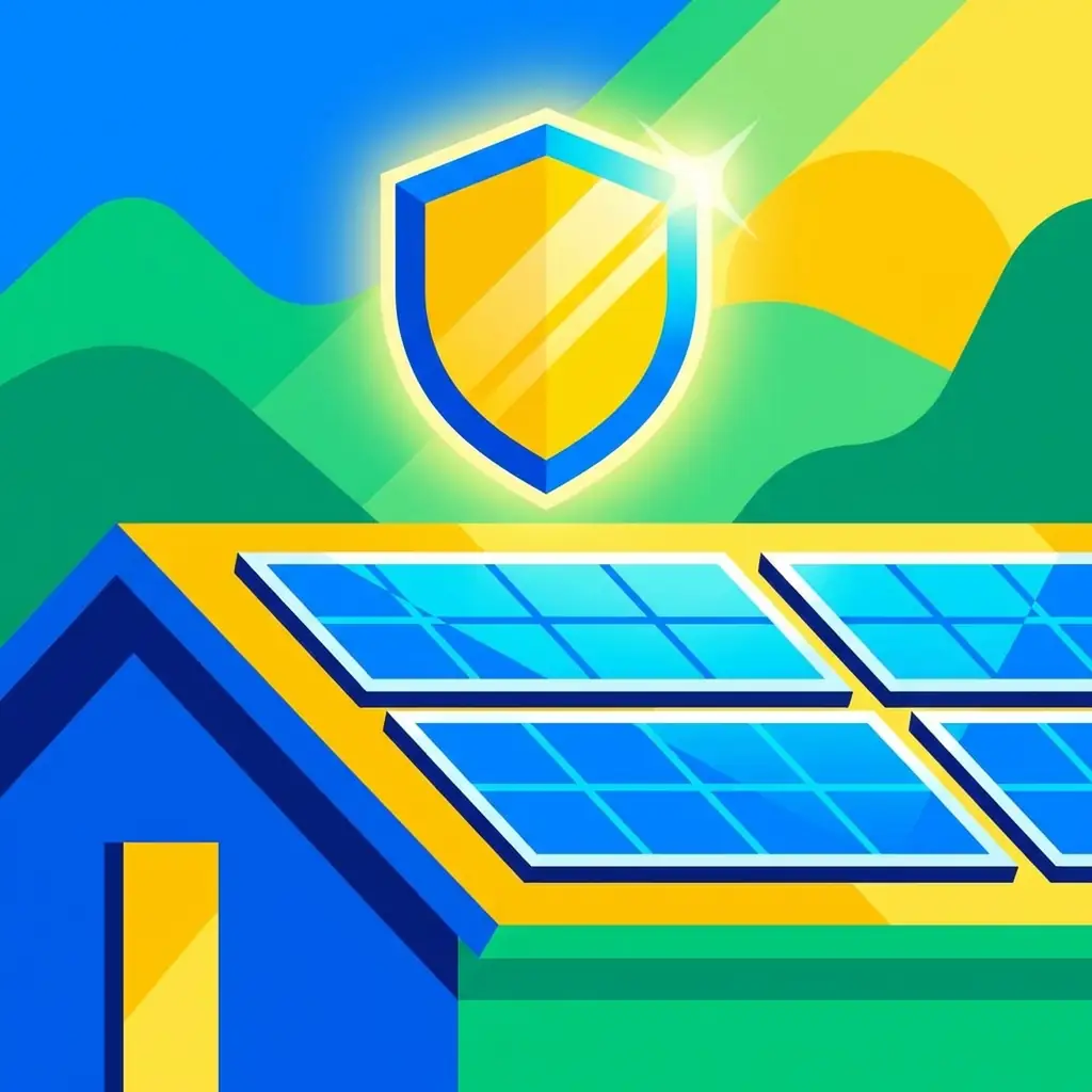 Illustration de panneaux solaires avec symboles de protection et de garantie