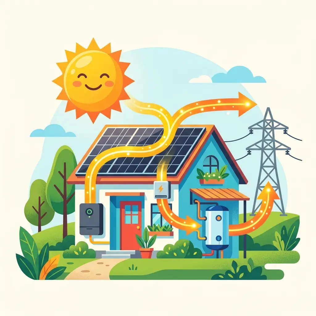 Illustration flat design d'une maison solaire répartissant son surplus photovoltaïque entre batterie, chauffe-eau et réseau