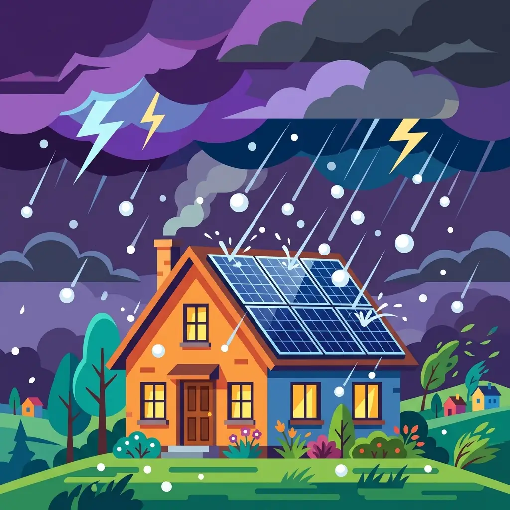 Illustration de panneaux solaires sur un toit sous une averse de grêle