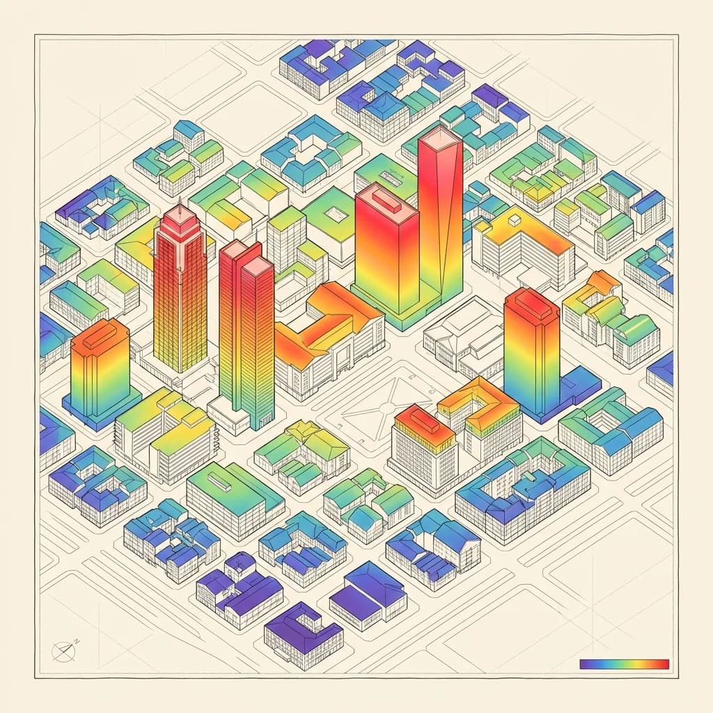 Schéma isométrique du cadastre solaire avec carte interactive des toitures et potentiel photovoltaïque
