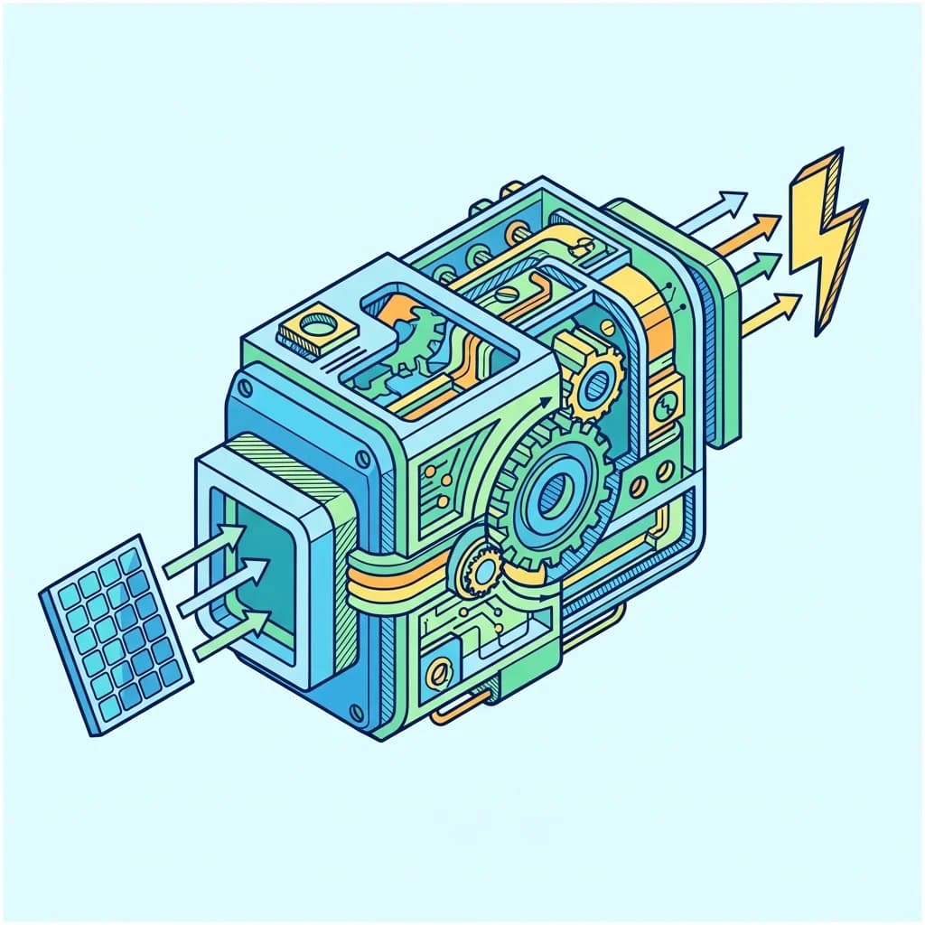 Schéma isométrique de la conversion kWc en kWh avec machine de transformation d'énergie solaire