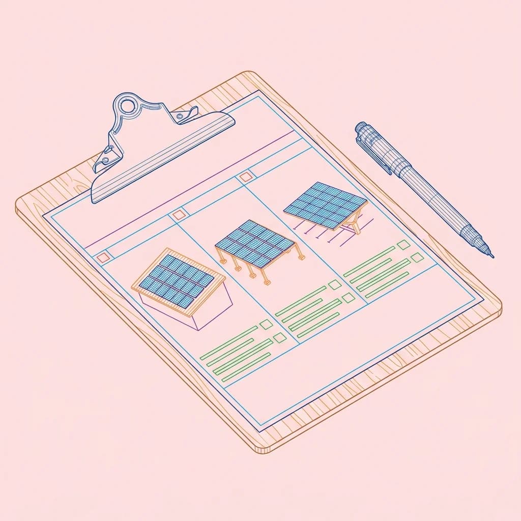 Schéma isométrique de comparaison de devis panneaux solaires avec checklist et options