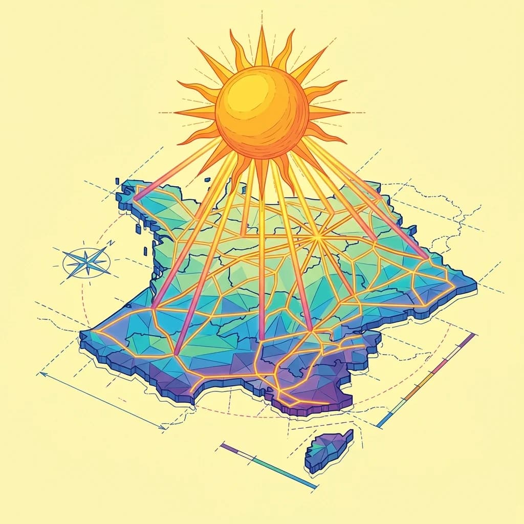 Schéma isométrique de la carte d'ensoleillement en France avec rayonnement solaire