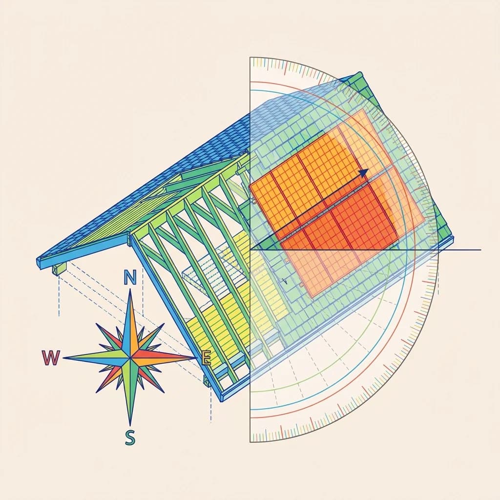 Schéma isométrique de l'inclinaison et orientation optimales des panneaux solaires sur toiture