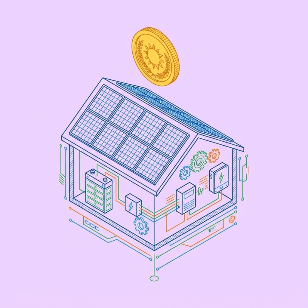 Schéma isométrique de la prime à l'autoconsommation photovoltaïque avec bonus et médaille